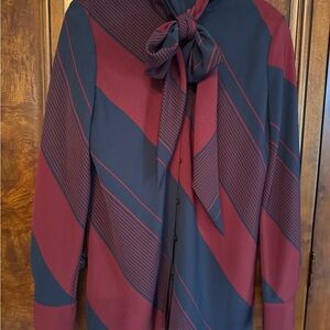 Tory Burch Navy and Burgundy Striped Tie-Neck Blouse